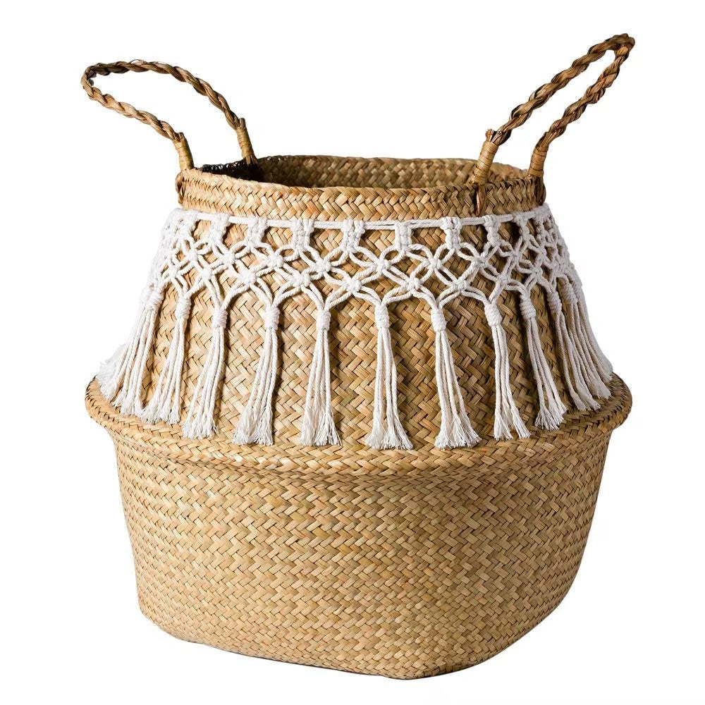 Woven belly basket with white macrame fringe and handles