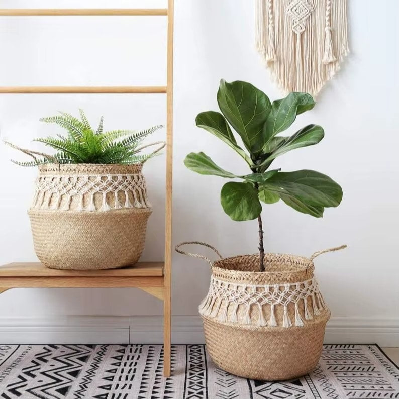 Woven belly basket with white macrame fringe and handles