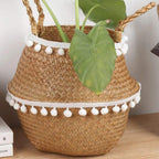 Woven belly basket trimmed with white pom poms