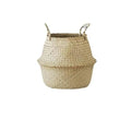 Woven belly plant baskets holding ferns