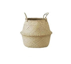 Woven belly plant baskets holding ferns