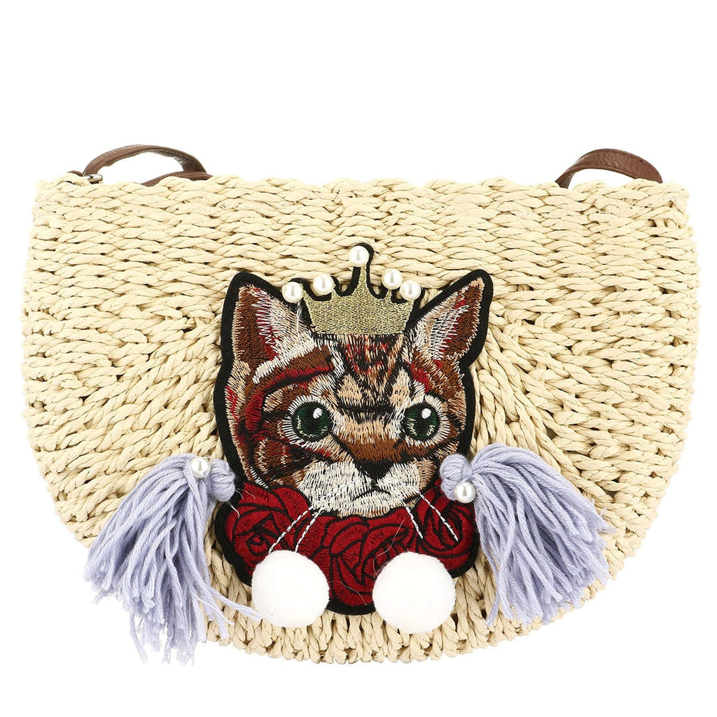 Woven clutch with a cat motif worked into the weave and a zip