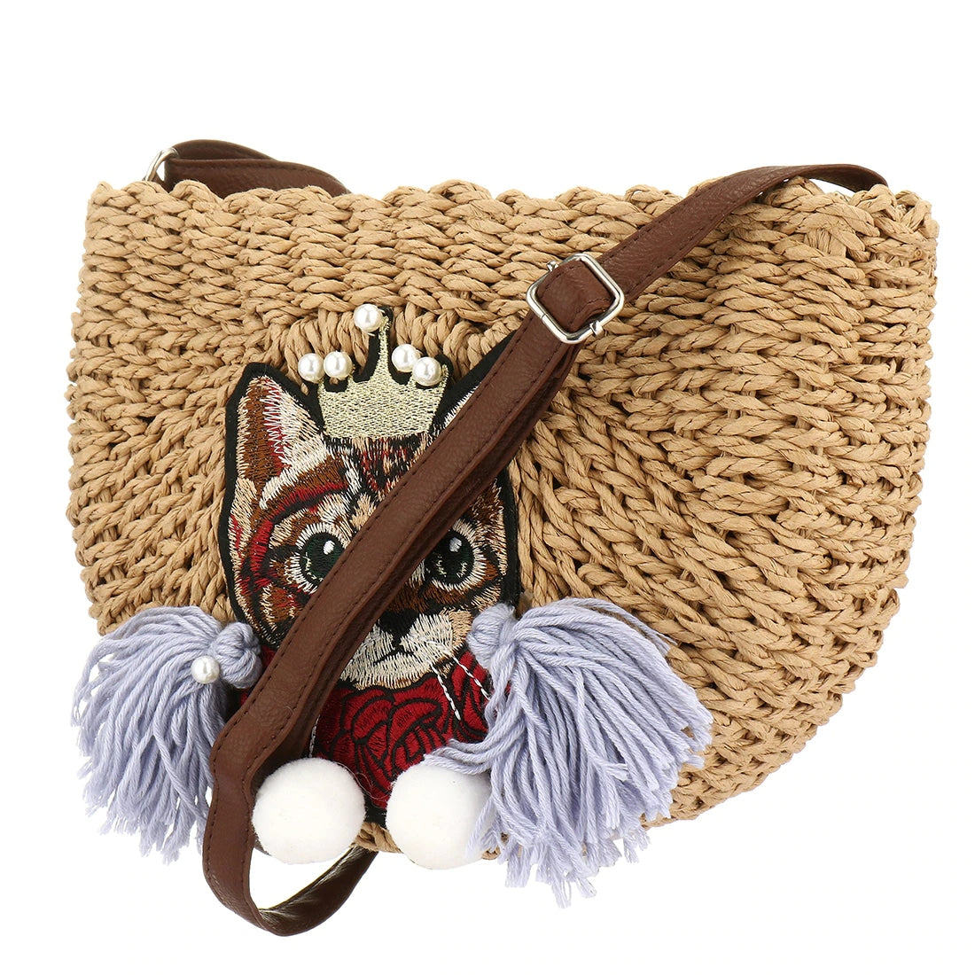 Woven clutch with a cat motif worked into the weave and a zip