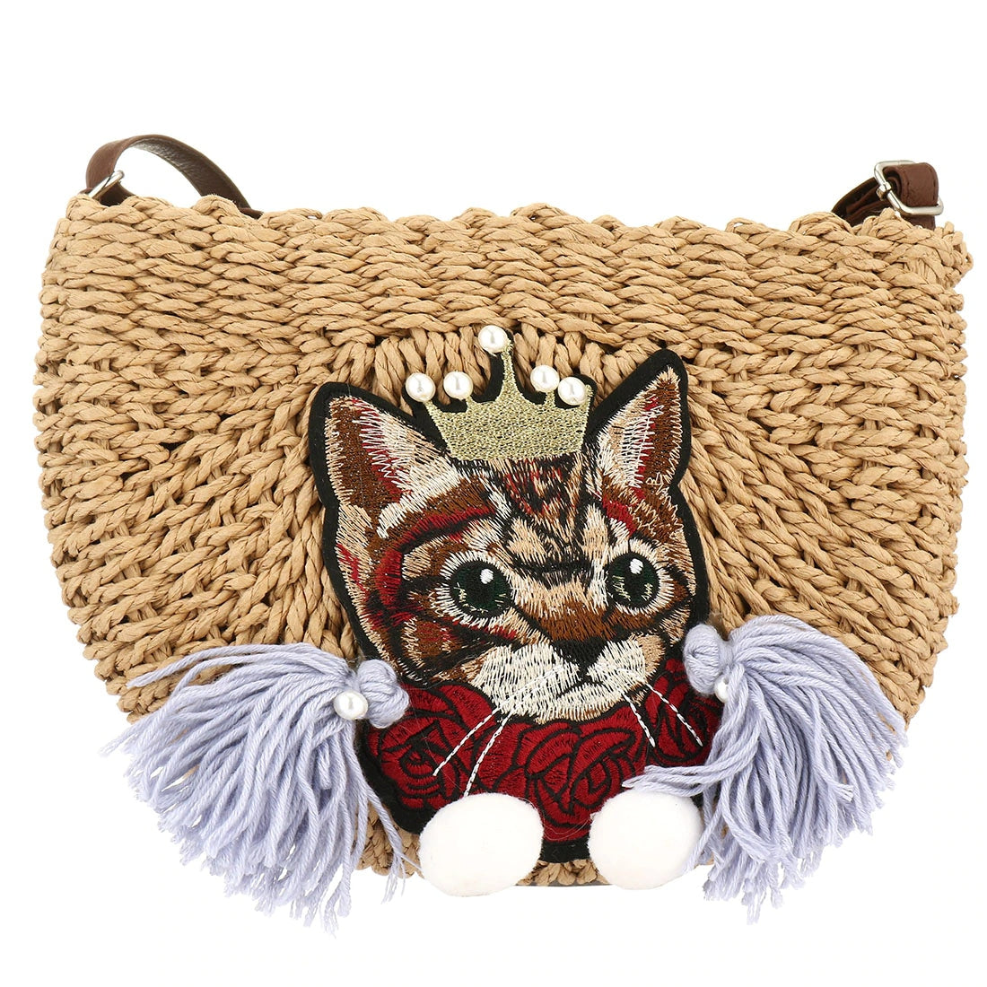 Woven clutch with a cat motif worked into the weave and a zip