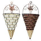 Woven cone shaped wall planter filled with pink flowers