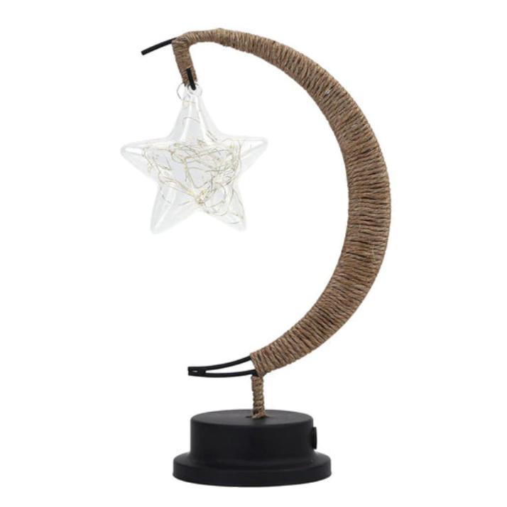 Woven crescent moon shaped USB lamp with a star shaped bulb