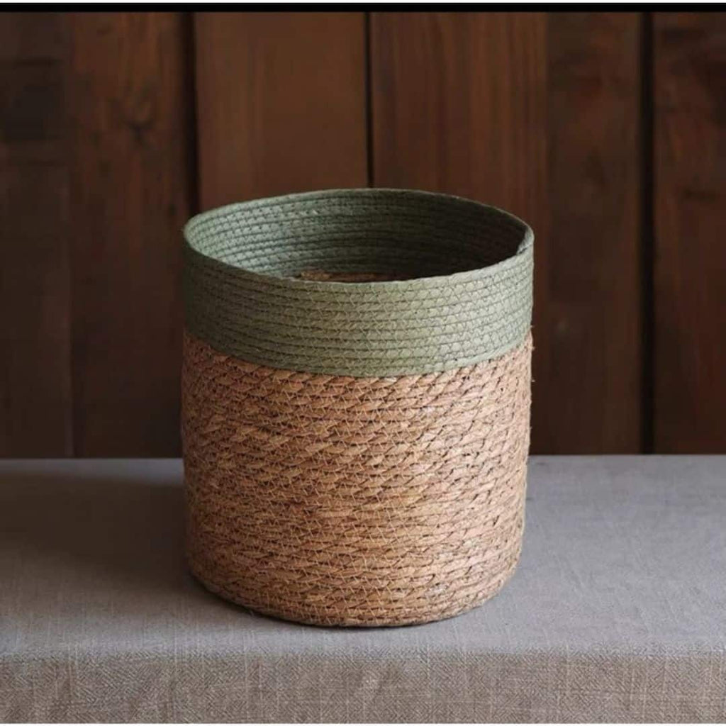 Straight sided woven basket with sage green rim