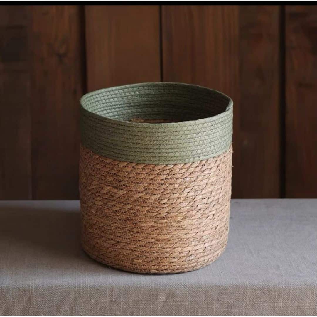 Straight sided woven basket with sage green rim