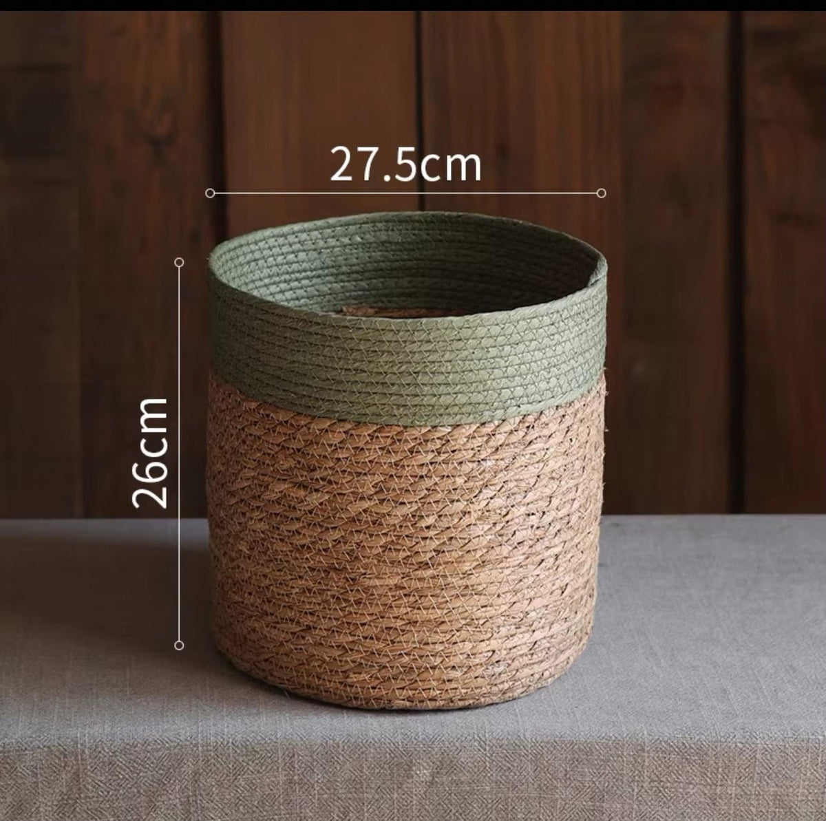 Straight sided woven basket with sage green rim