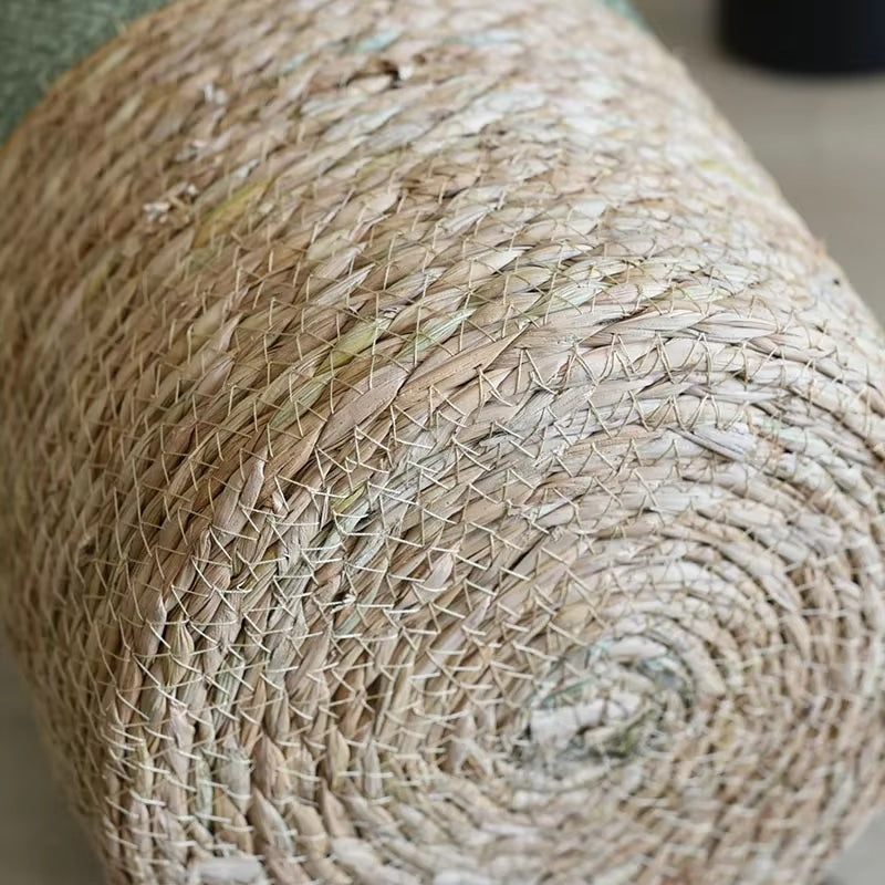 Straight sided woven basket with sage green rim