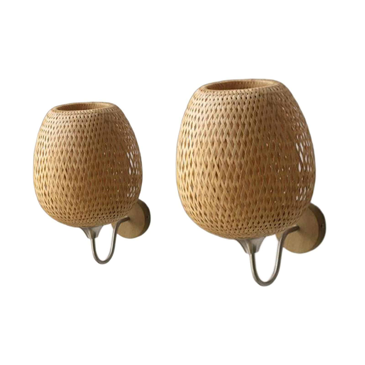 Two woven egg shaped wall sconces on curved arms
