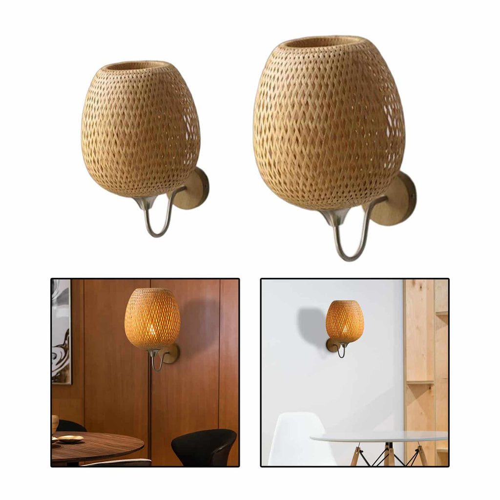 Two woven egg shaped wall sconces on curved arms
