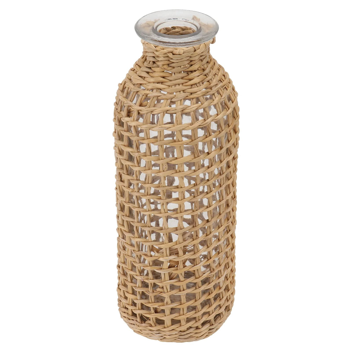 Glass bottle vase wrapped in an open woven wicker net