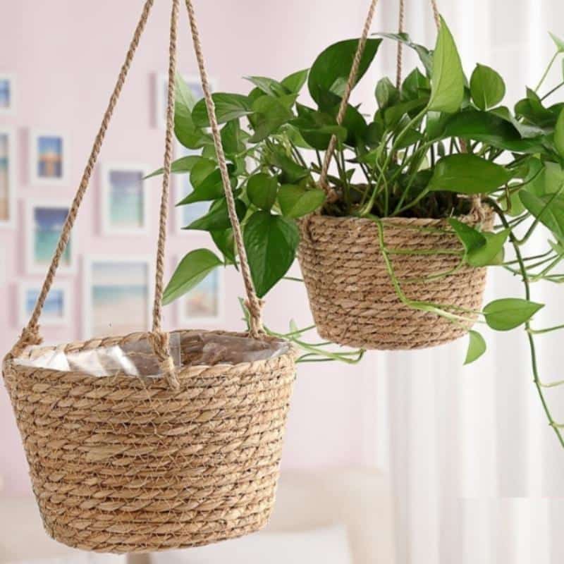 Hanging planter knotted in natural jute rope macrame