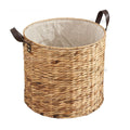 Round woven laundry basket with leather look handles and liner
