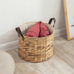 Round woven laundry basket with leather look handles and liner