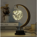 Crescent moon lamp with a hand woven hemp frame and an apple shaped bulb