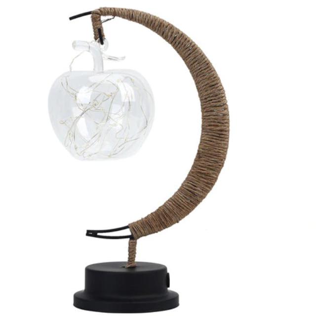 Crescent moon lamp with a hand woven hemp frame and an apple shaped bulb