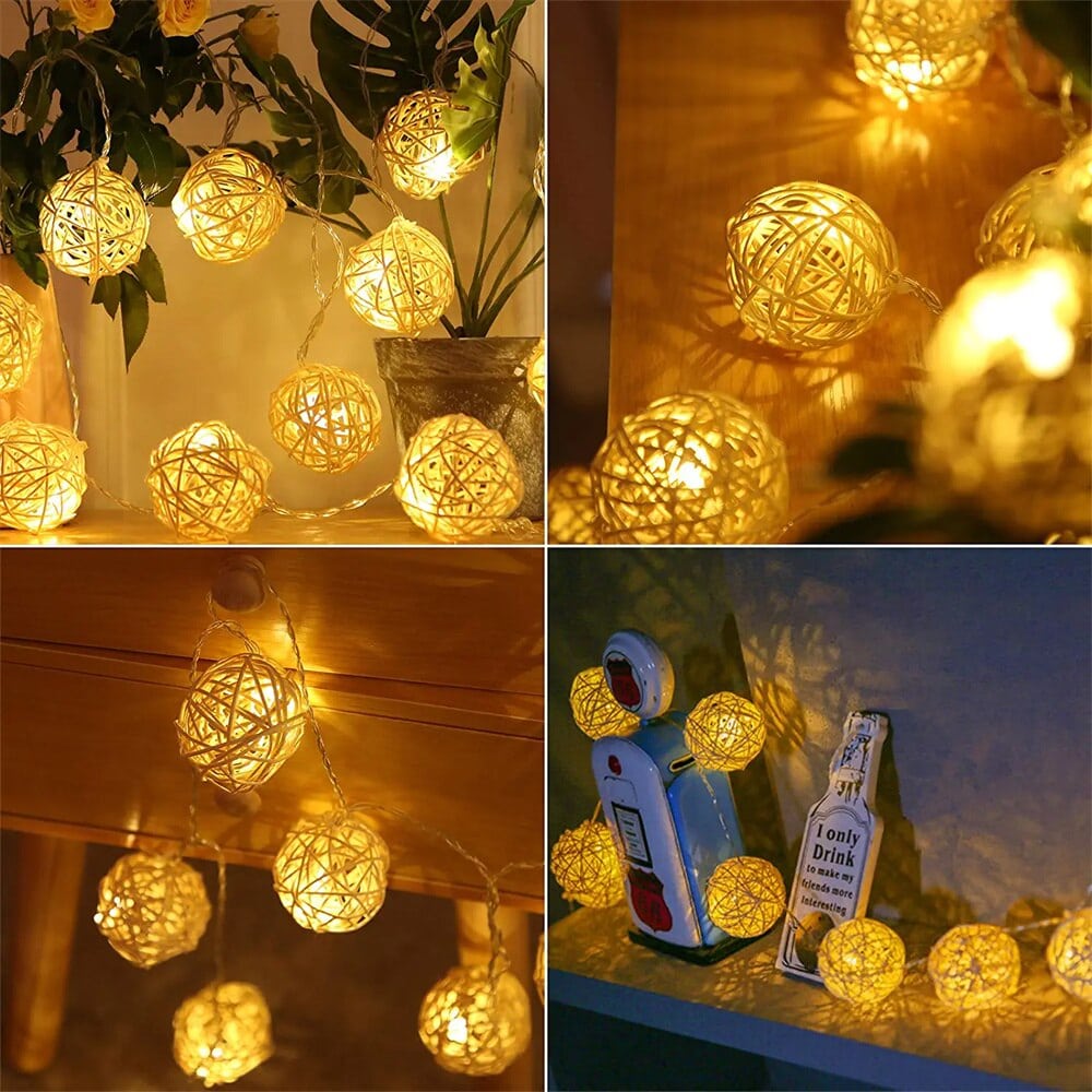 Battery powered string lights with small hand woven rattan balls