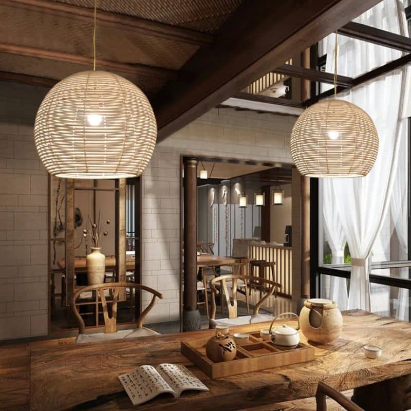 Round woven rattan dome pendant light