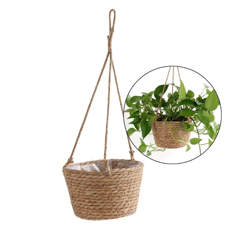 Hand woven rattan hanging planter for a balcony or pergola