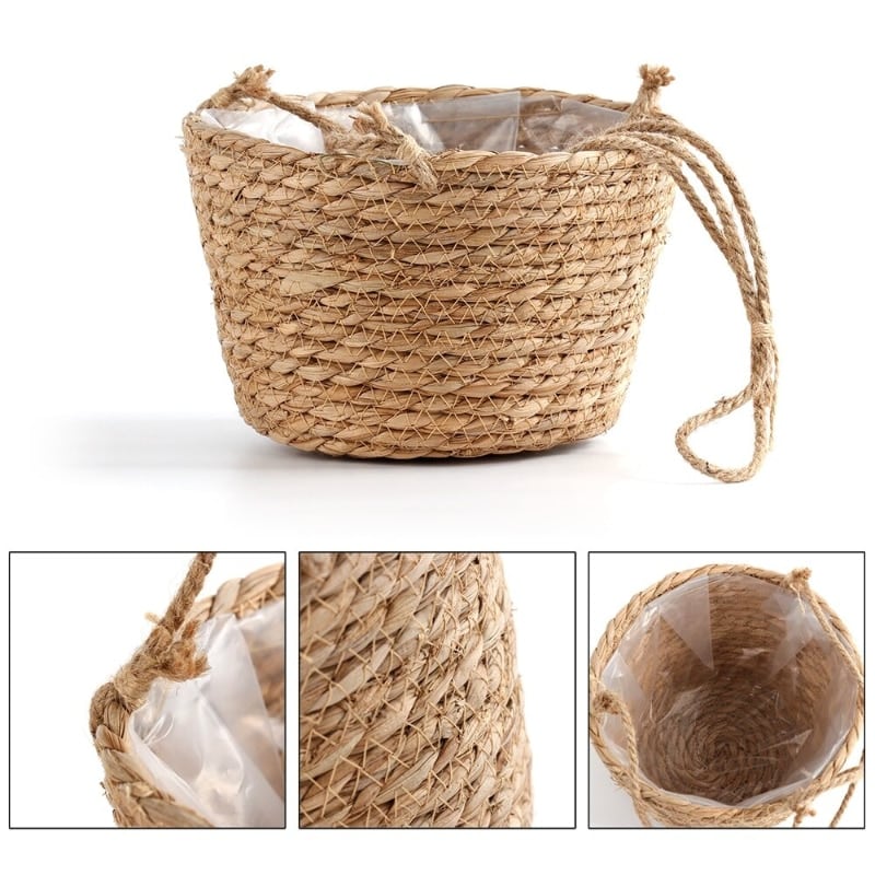 Hand woven rattan hanging planter for a balcony or pergola