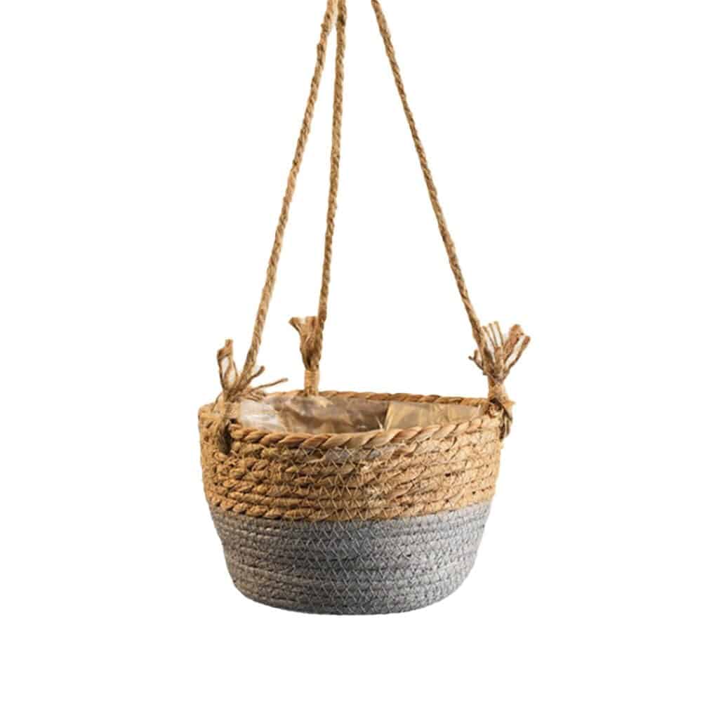 Hand woven rattan hanging planter for a balcony or pergola