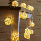 Battery string lights with small hand woven rattan shades