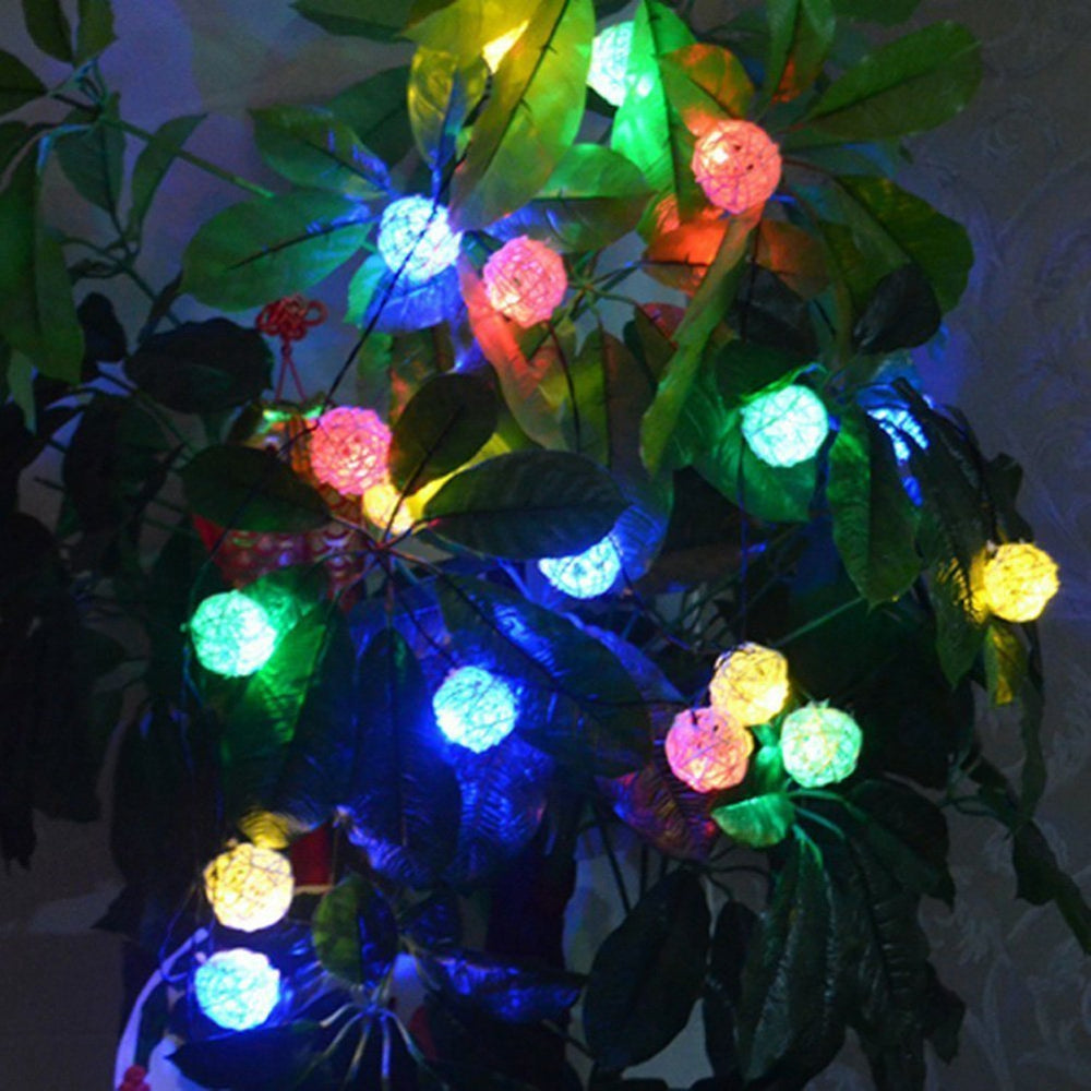 Battery string lights with small hand woven rattan shades