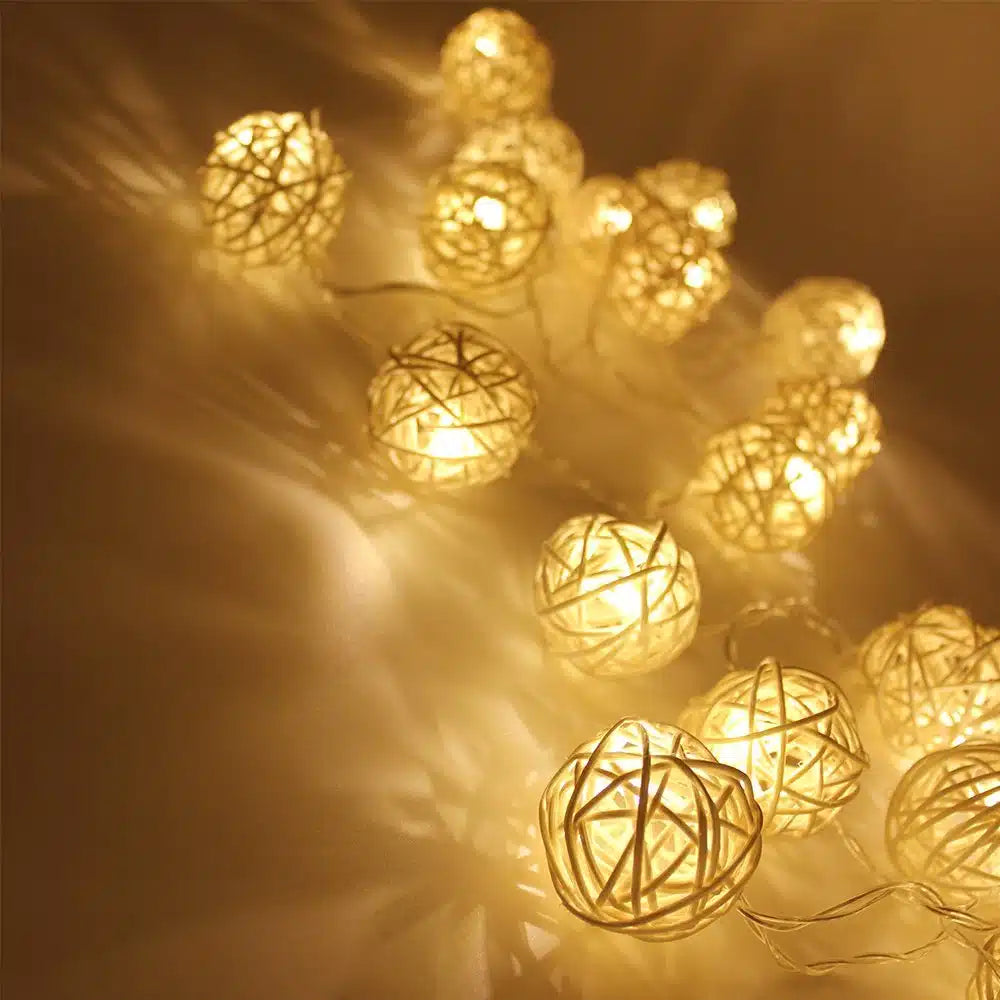 Battery string lights with small hand woven rattan shades