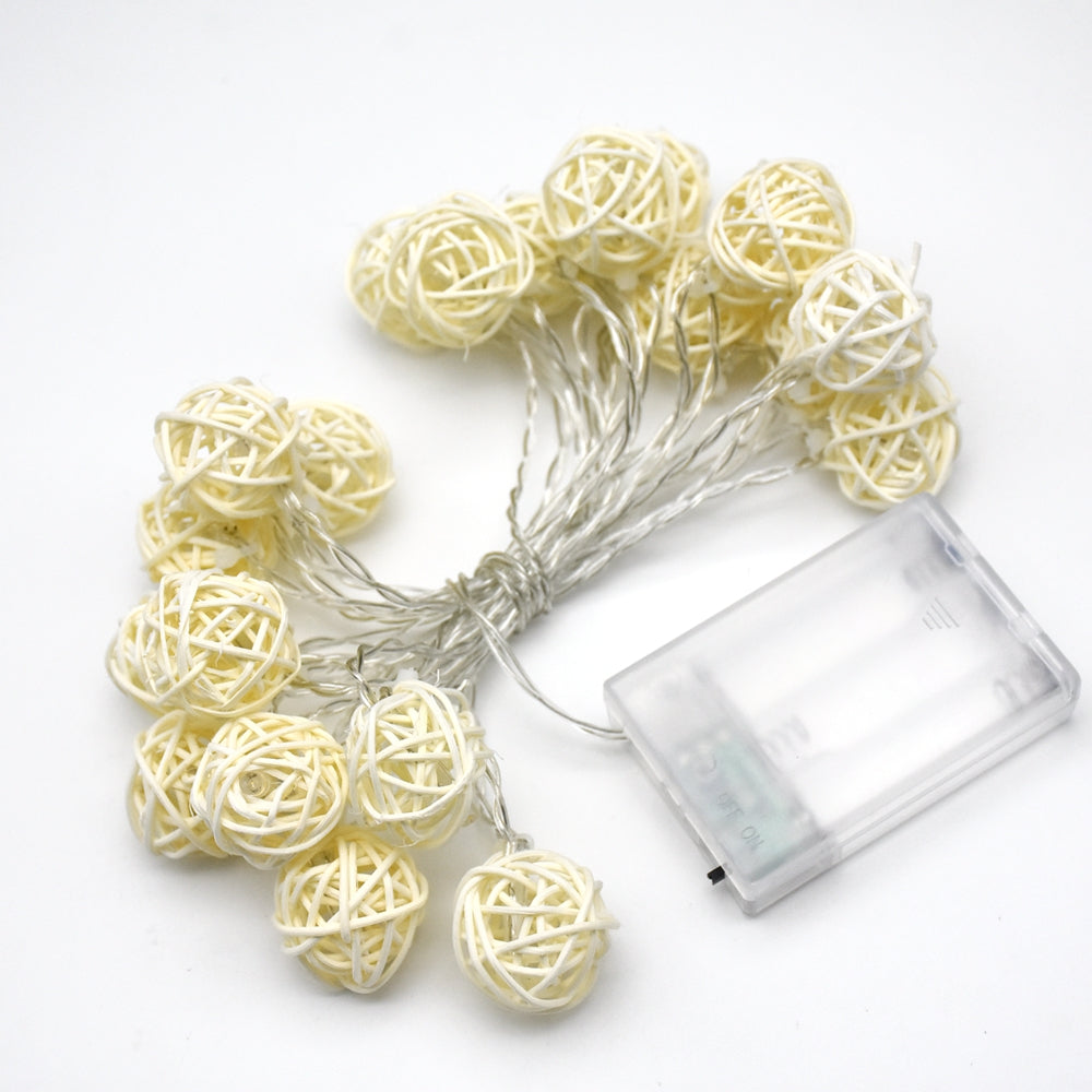 Battery string lights with small hand woven rattan shades