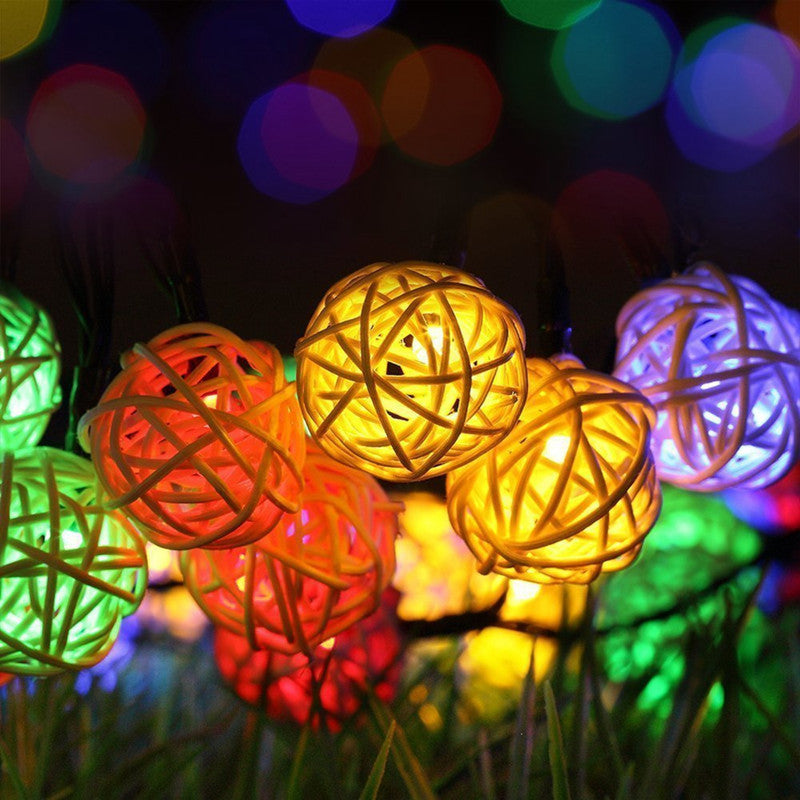 Battery string lights with small hand woven rattan shades