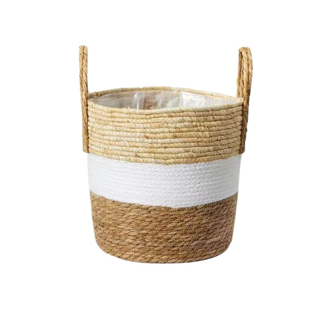 Round hand woven rattan planter with a white painted band