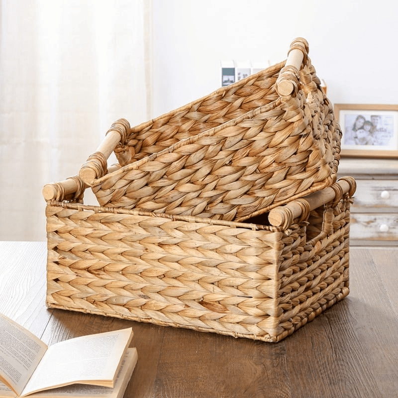 Rectangular woven rattan storage basket with two handles