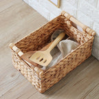 Rectangular woven rattan storage basket with two handles