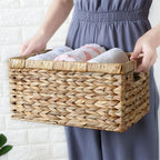 Rectangular woven rattan storage basket with two handles