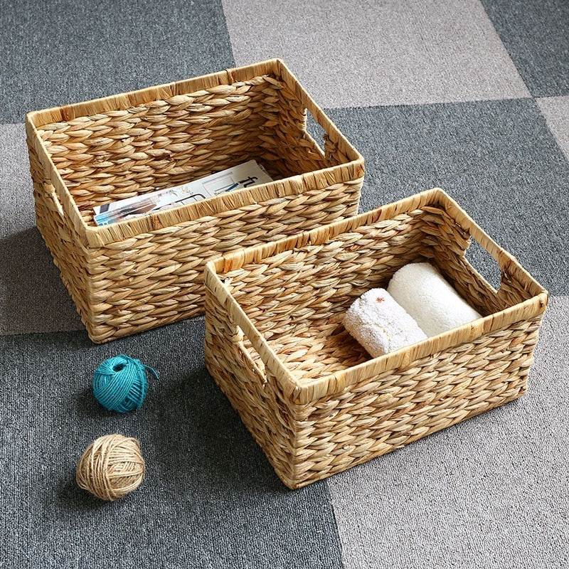 Rectangular woven rattan storage basket with two handles