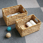 Rectangular woven rattan storage basket with two handles