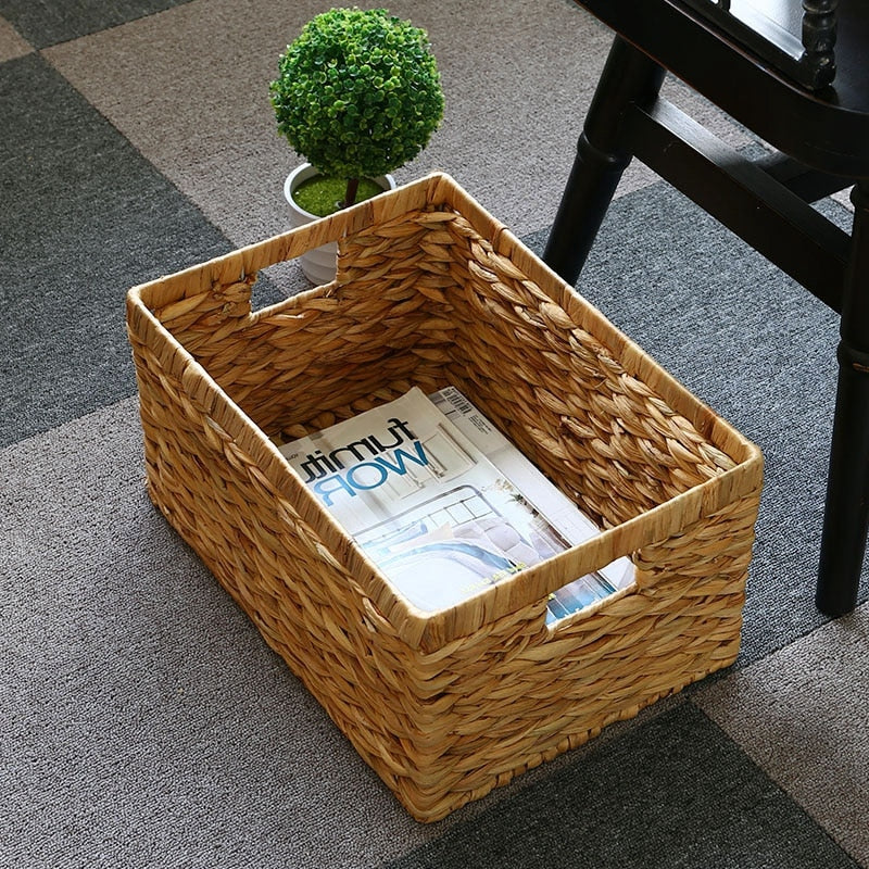 Rectangular woven rattan storage basket with two handles
