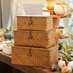 Rectangular woven rattan storage box with a lid, latch and side handles