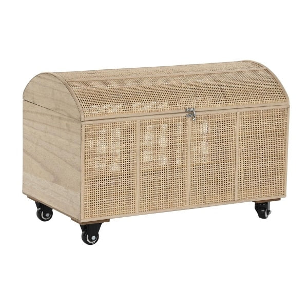Hand woven rattan storage trunk with a fitted lid in golden natural tones