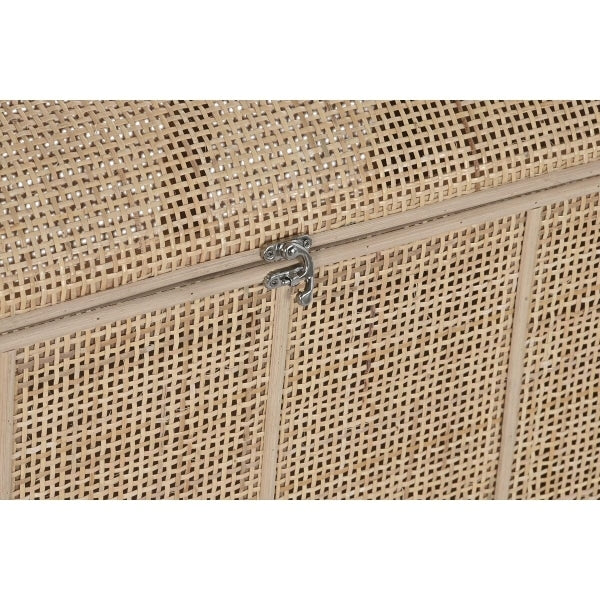 Hand woven rattan storage trunk with a fitted lid in golden natural tones