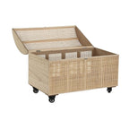 Hand woven rattan storage trunk with a fitted lid in golden natural tones