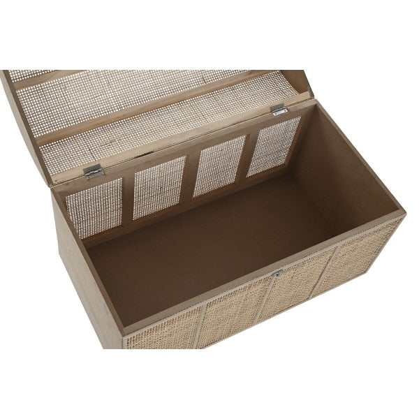 Hand woven rattan storage trunk with a fitted lid in golden natural tones