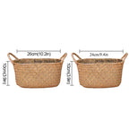 Low oval woven basket with braided handles