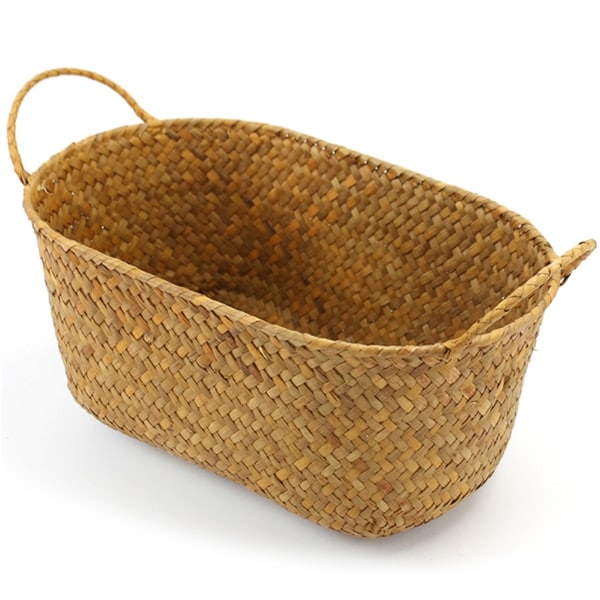 Low oval woven basket with braided handles