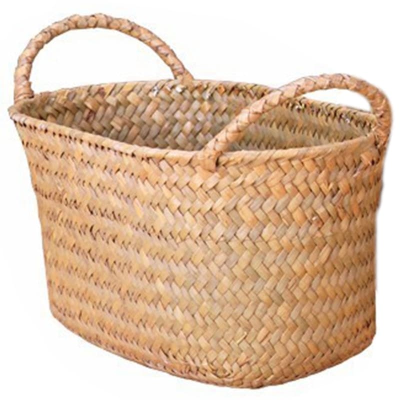 Low oval woven basket with braided handles