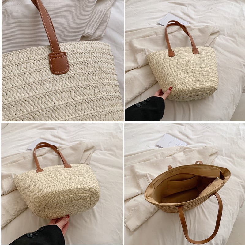 Structured woven straw bag with wide shoulder handles in beige or brown