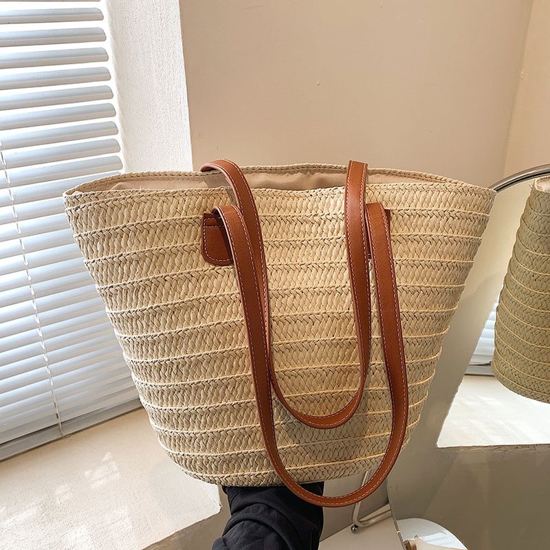 Structured woven straw bag with wide shoulder handles in beige or brown