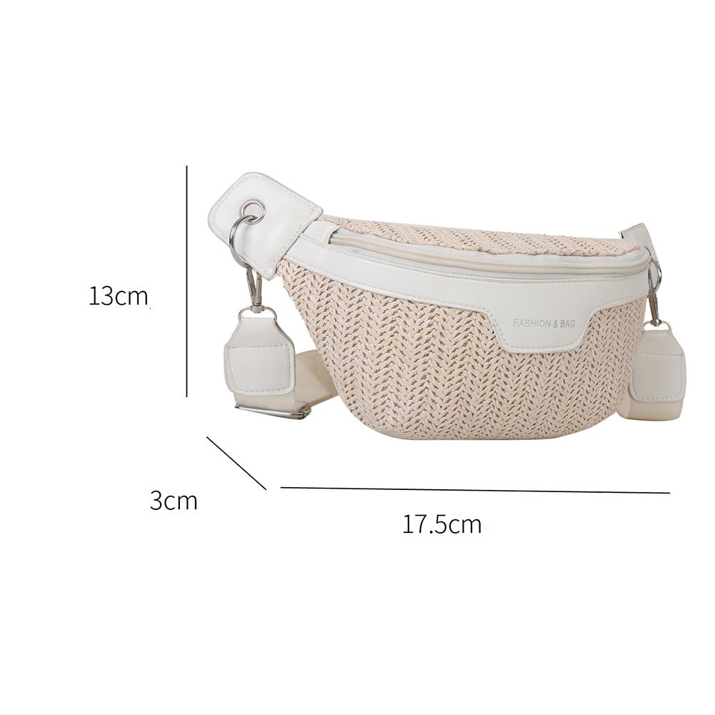 Small elongated woven straw sling bag with an adjustable strap